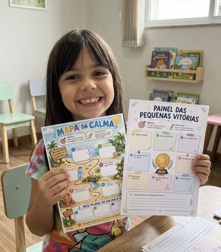 Eliza Ruberth, 8 anos, segurando o Mapa da Calma e o Painel das Pequenas Vitórias em sessão