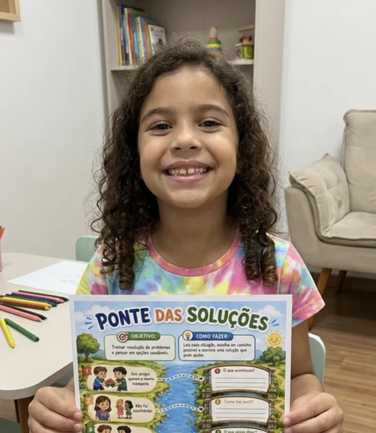 Maria Julia, 9 anos, segurando a atividade Ponte das Soluções em sessão terapêutica